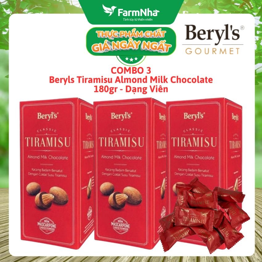(Combo 3) Socola Tiramisu Almond Milk Chocolate 180g Beryl's - Socola sữa hạnh nhân hấp dẫn với bột phô mai mascarpone Ý