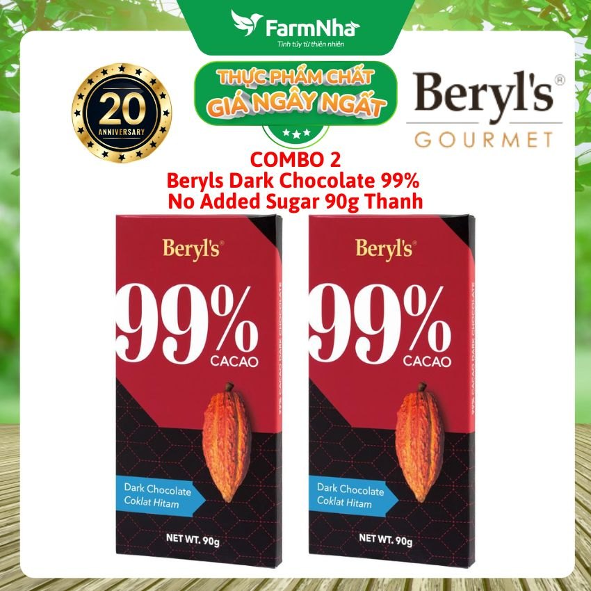 (Combo 2) Sô cô la Beryls No Added Sugar Dark 99% Chocolate 90g : Sô Cô La Nguyên Chất Không Đường Tinh Tế