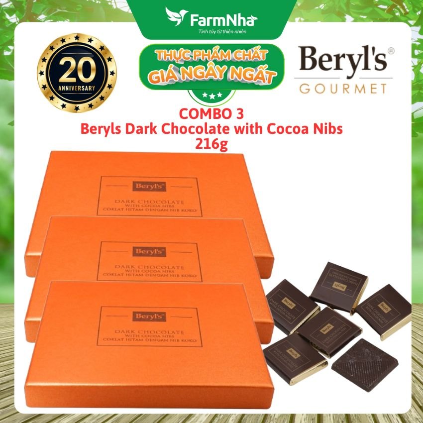 (Combo 3) Socola Đen Beryls Cocoa Nibs 216g – Giòn Tan & Đậm Đà Hương Cacao