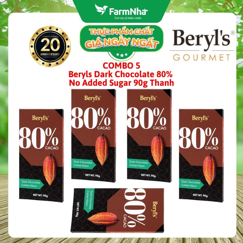 (Combo 5) Sô cô la Beryls No Added Sugar Dark 80% Chocolate 90g : Sự Lựa Chọn Hoàn Hảo Cho Người Yêu Thích Sô Cô La Đậm Đà