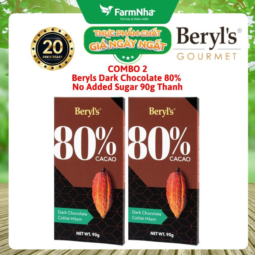 (Combo 2) Sô cô la Beryls No Added Sugar Dark 80% Chocolate 90g : Sự Lựa Chọn Hoàn Hảo Cho Người Yêu Thích Sô Cô La Đậm Đà