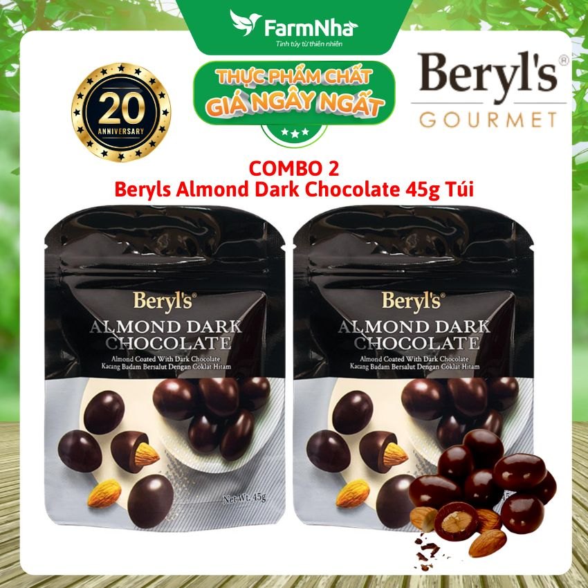 (Combo 2) Sô cô la Beryls Almond Dark Chocolate 45g: Sự Kết Hợp Hoàn Hảo Giữa Hạnh Nhân và Sô Cô La Đen