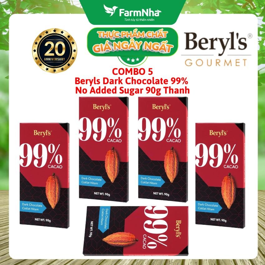 (Combo 5) Sô cô la Beryls No Added Sugar Dark 99% Chocolate 90g : Sô Cô La Nguyên Chất Không Đường Tinh Tế