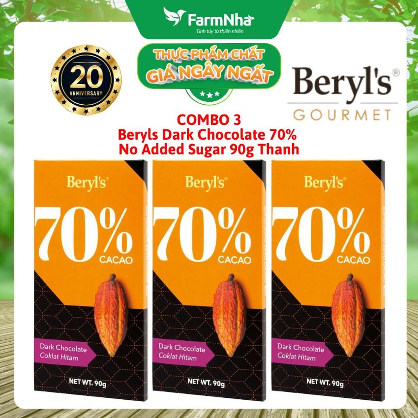 (Combo 3) Sô cô la Beryls No Added Sugar Dark 70% Chocolate 90g: Lựa Chọn Tinh Tế Cho Người Yêu Sô Cô La