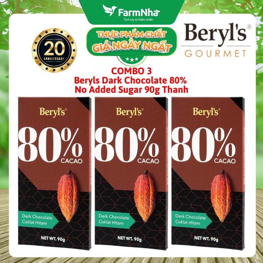 (Combo 3) Sô cô la Beryls No Added Sugar Dark 80% Chocolate 90g : Sự Lựa Chọn Hoàn Hảo Cho Người Yêu Thích Sô Cô La Đậm Đà