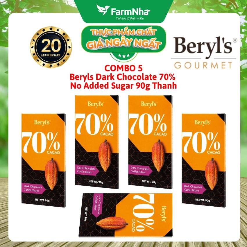 (Combo 5) Sô cô la Beryls No Added Sugar Dark 70% Chocolate 90g: Lựa Chọn Tinh Tế Cho Người Yêu Sô Cô La