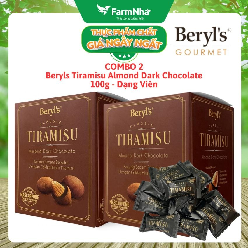 (Combo 2 Hộp) Socola Tiramisu Almond Dark Chocolate 100g Beryls - Socola đen ngon hấp dẫn với bột phô mai Ý mascarpone