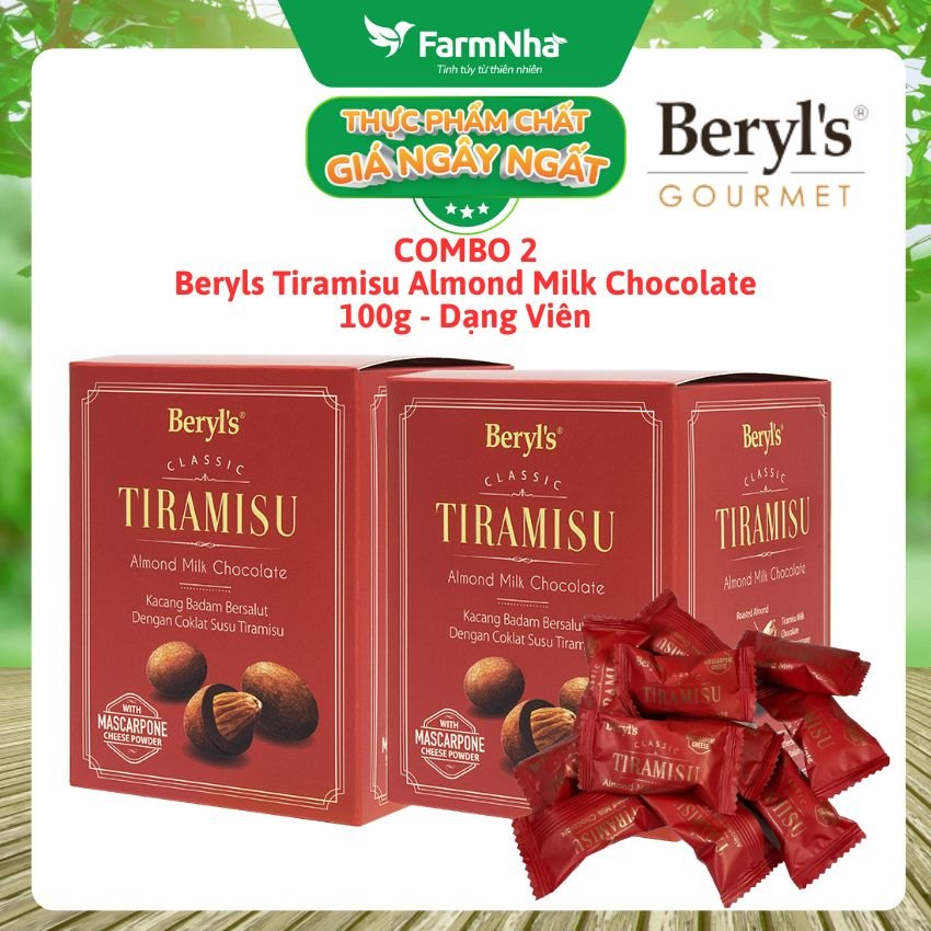 (Combo 2 Hộp) Socola Tiramisu Almond Milk Chocolate 100g Beryls - Socola sữa hạnh nhân hấp dẫn với bột phô mai mascarpone Ý