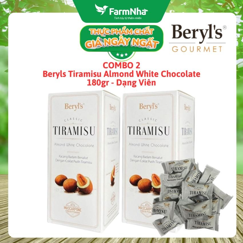 (Combo 2) Tiramisu Almond White Chocolate 180g Beryl's - Socola truyền thống hấp dẫn với bột phô mai kem Ý mascarpone