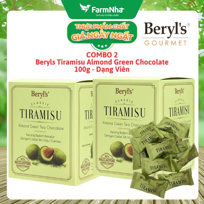 (Combo 2 Hộp) Socola Tiramisu Almond Green Tea Chocolate 100g Beryls - Socola hạnh nhân trà xanh với bột phô mai Ý mascarpone