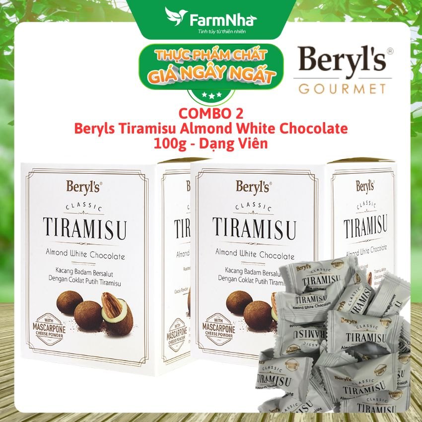 (Combo 2 Hộp) Socola Tiramisu Almond White Chocolate 100g Beryls - Socola hấp dẫn với bột phô mai kem Ý mascarpone