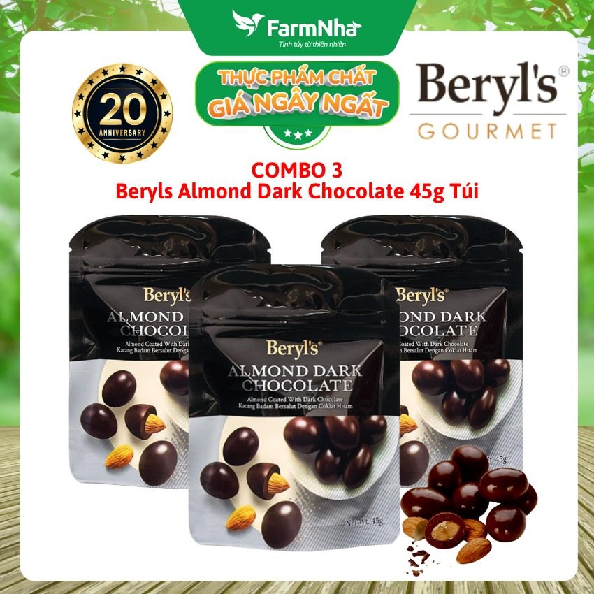 (Combo 3) Sô cô la Beryls Almond Dark Chocolate 45g: Sự Kết Hợp Hoàn Hảo Giữa Hạnh Nhân và Sô Cô La Đen