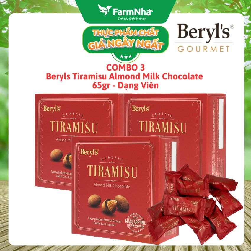 (Combo 3) Socola Tiramisu Almond Milk Chocolate 65g Beryl's - Socola sữa hạnh nhân hấp dẫn với bột phô mai mascarpone Ý