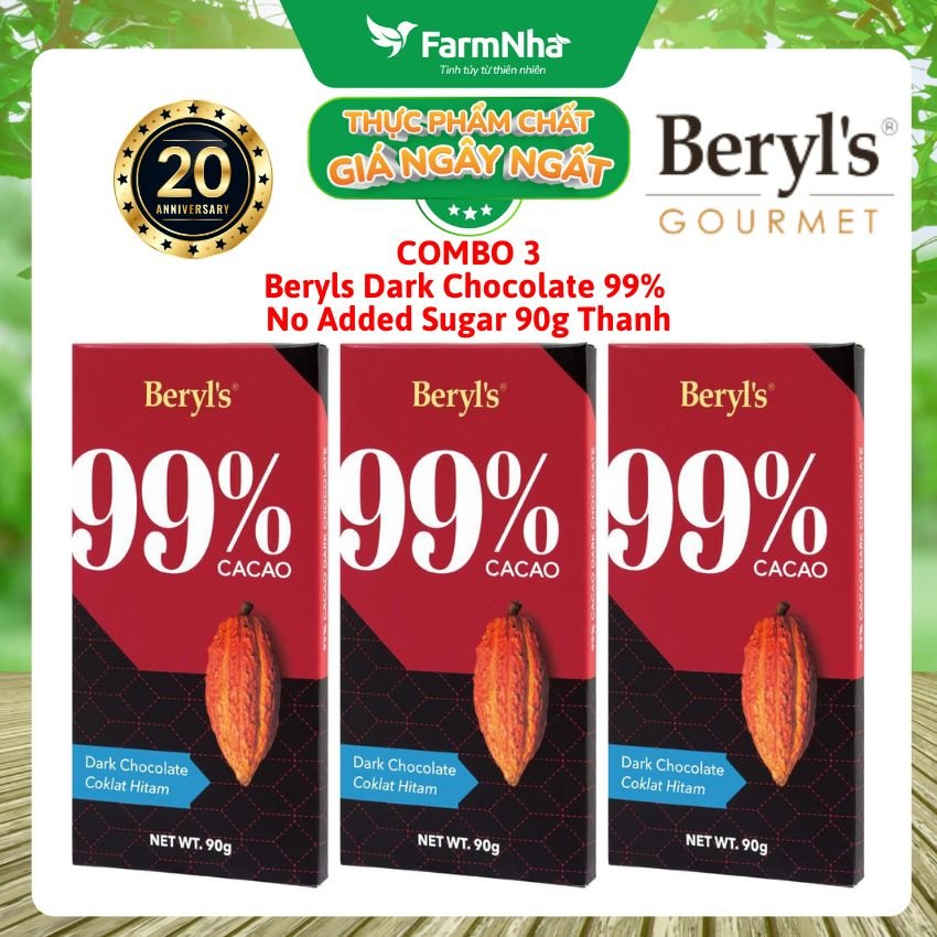 (Combo 3) Sô cô la Beryls No Added Sugar Dark 99% Chocolate 90g : Sô Cô La Nguyên Chất Không Đường Tinh Tế