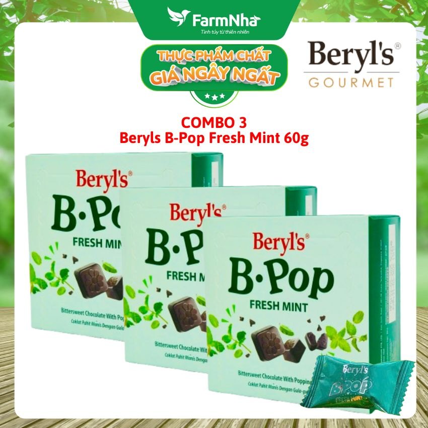 (Combo 3) Socola Beryls B.Pop Fresh Mint 50g - Kẹo nổ Bittersweet Chocolate & Bạc Hà Mát Lạnh