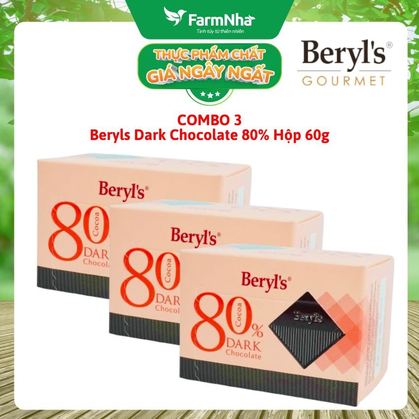 (Combo 3) Sô cô la Beryls 60g Dark 80% Cacao - Thưởng thức hương vị cực đỉnh từ sô cô la đậm đà