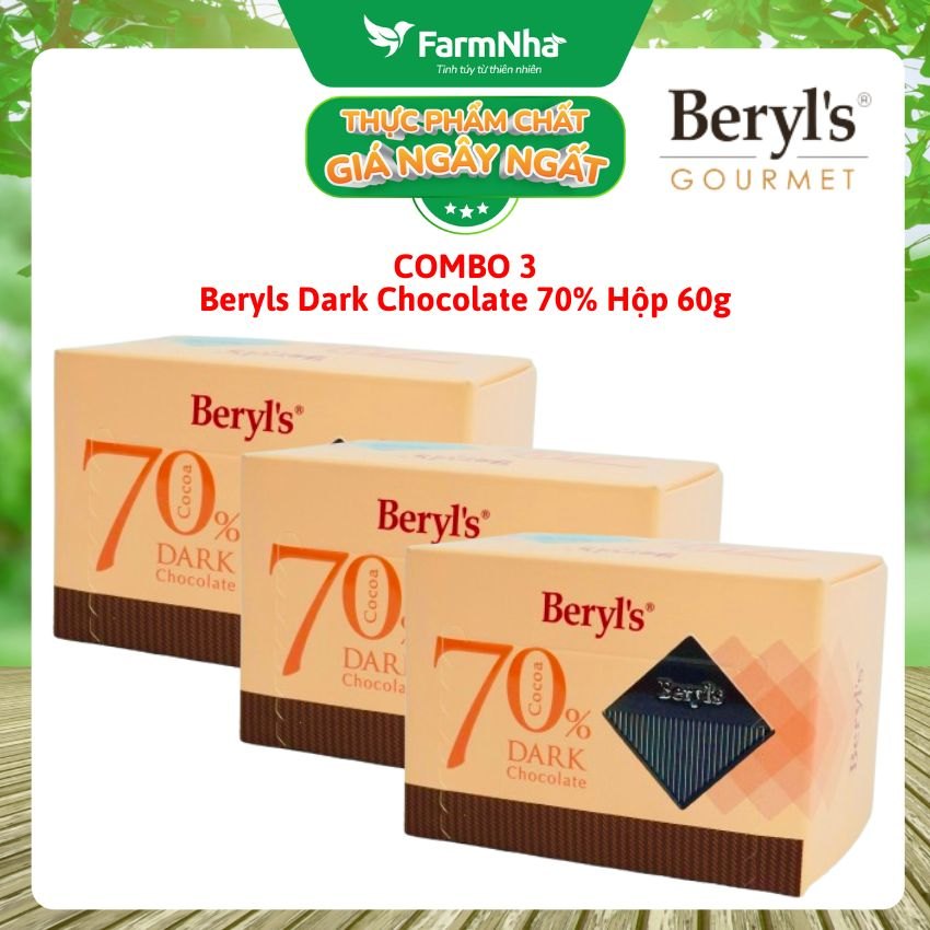 (Combo 3) Sô cô la Beryls 60g Dark 70% Cacao - Thưởng thức hương vị cực đỉnh từ sô cô la đậm đà