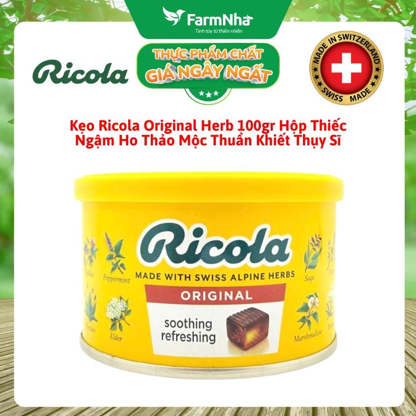 Kẹo Ricola Original Herbs Hộp Thiếc 100g Thảo Mộc – Mát Họng, Giảm Ho, Thơm Miệng | Chính Hãng Thụy Sĩ