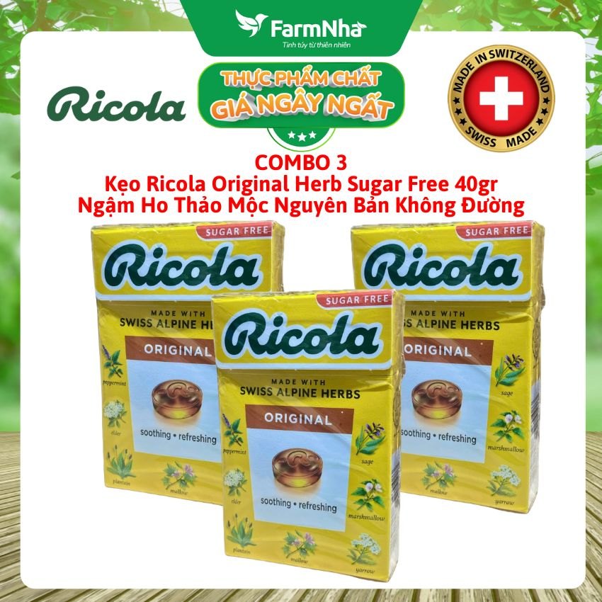 (Combo 3) Kẹo Ricola Original Herb Sugar Free 40g Hộp Giấy Không Đường – Dịu Họng, Giảm Ho, Thanh Mát Tự Nhiên