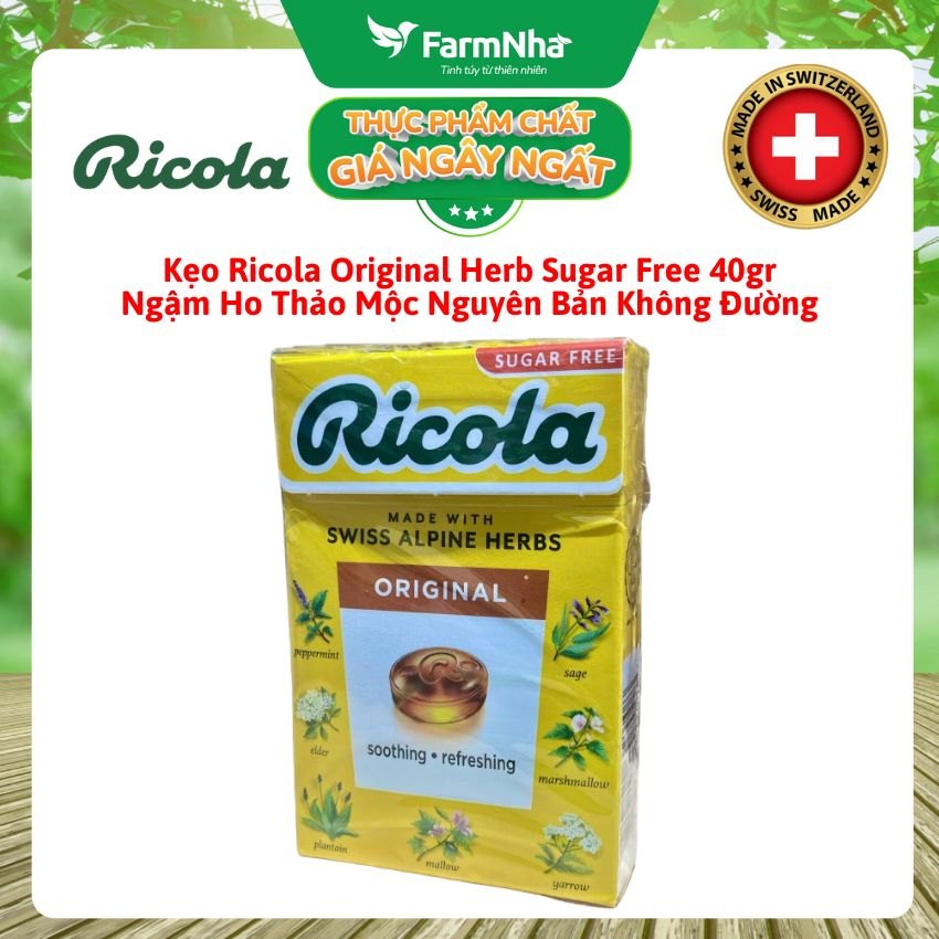 Kẹo Ricola Original Herb Sugar Free 40g Hộp Giấy Không Đường – Dịu Họng, Giảm Ho, Thanh Mát Tự Nhiên