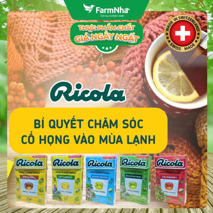 (Combo 3) Kẹo Ricola Mountain Mint Sugar Free 40g Hộp Giấy Không Đường – Bạc Hà Núi Giảm Ho Mát Họng
