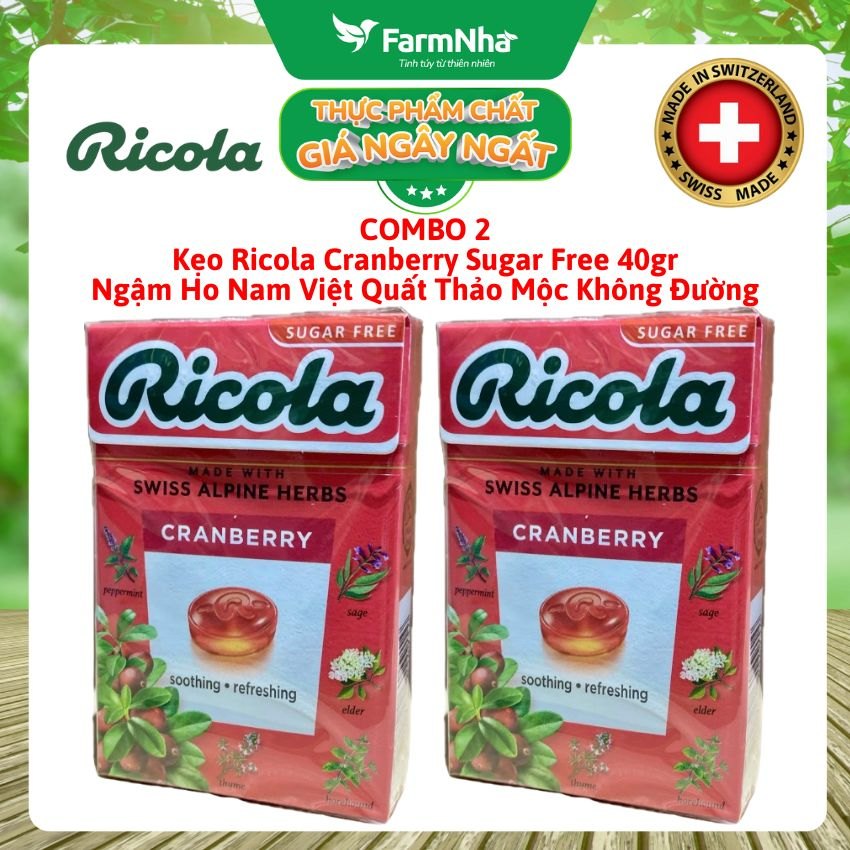 (Combo 2) Kẹo Ricola Cranberry Sugar Free 40g Hộp Giấy Không Đường – Quả Nam Việt Quất, Giảm Ho, Mát Họng, Thơm Miệng