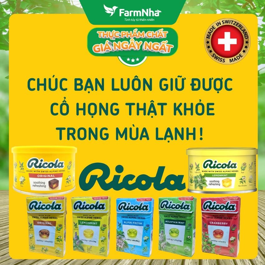 (Combo 3) Kẹo Ricola Mountain Mint Sugar Free 40g Hộp Giấy Không Đường – Bạc Hà Núi Giảm Ho Mát Họng