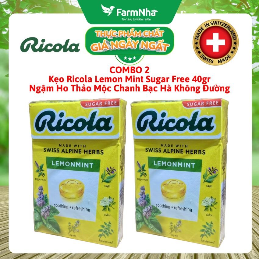 (Combo 2) Kẹo Ricola Lemon Mint Sugar Free 40g Hộp Giấy Không Đường – Vị Chanh Bạc Hà, Mát Họng, Giảm Ho Từ Thụy Sĩ