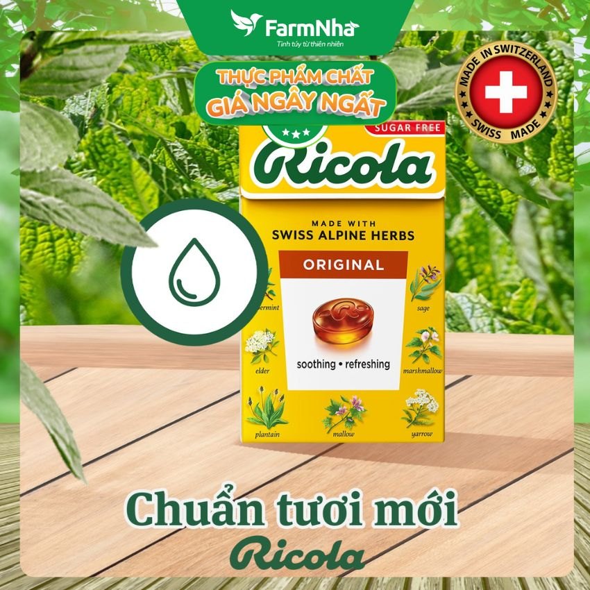 (Combo 3) Kẹo Ricola Original Herb Sugar Free 40g Hộp Giấy Không Đường – Dịu Họng, Giảm Ho, Thanh Mát Tự Nhiên