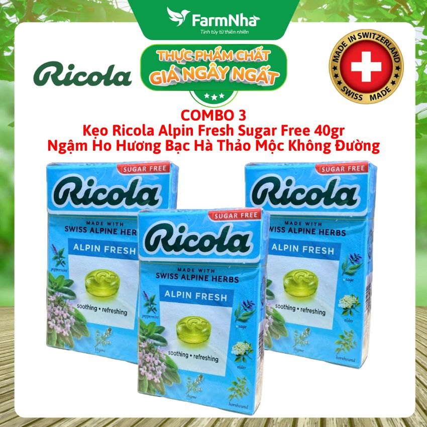 (Combo 3) Kẹo Ricola Alpin Fresh Sugar Free 40g Hộp Giấy Không Đường – Mát Lạnh Họng, Thông Cổ Tức Thì 