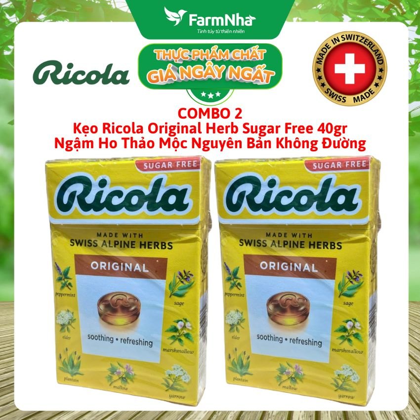 (Combo 2) Kẹo Ricola Original Herb Sugar Free 40g Hộp Giấy Không Đường – Dịu Họng, Giảm Ho, Thanh Mát Tự Nhiên