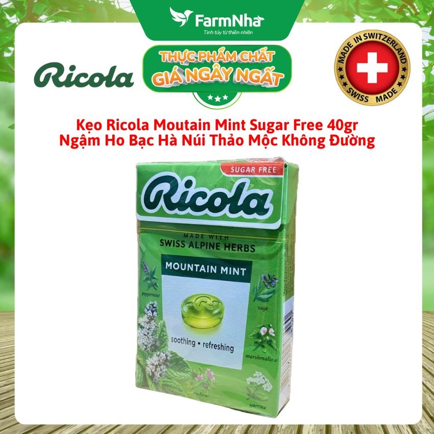 Kẹo Ricola Mountain Mint Sugar Free 40g Hộp Giấy Không Đường – Bạc Hà Núi Giảm Ho Mát Họng