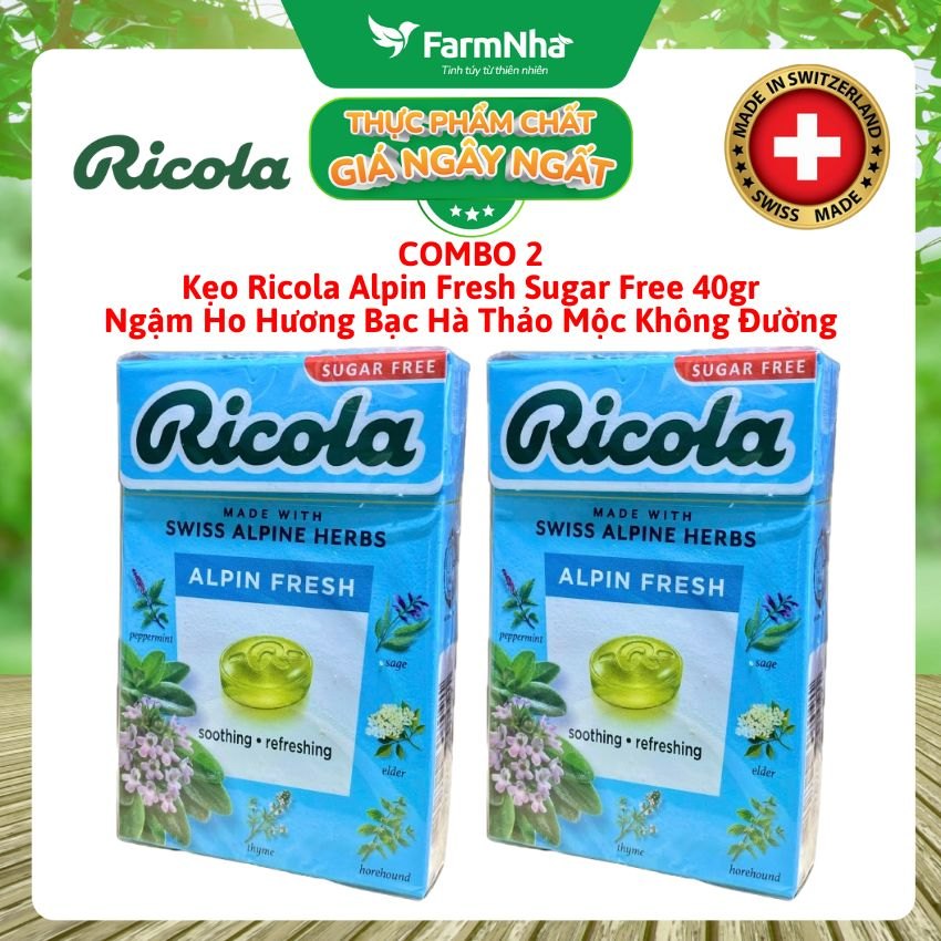 (Combo 2) Kẹo Ricola Alpin Fresh Sugar Free 40g Hộp Giấy Không Đường – Mát Lạnh Họng, Thông Cổ Tức Thì