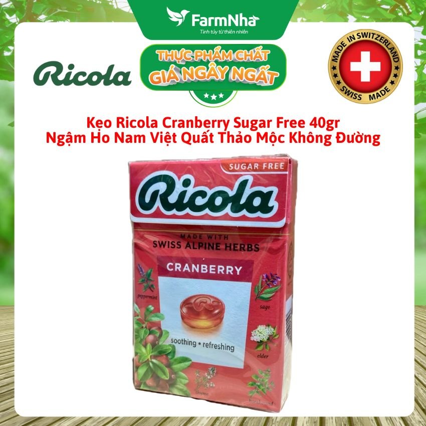 Kẹo Ricola Cranberry Sugar Free 40g Hộp Giấy Không Đường – Quả Nam Việt Quất, Giảm Ho, Mát Họng, Thơm Miệng