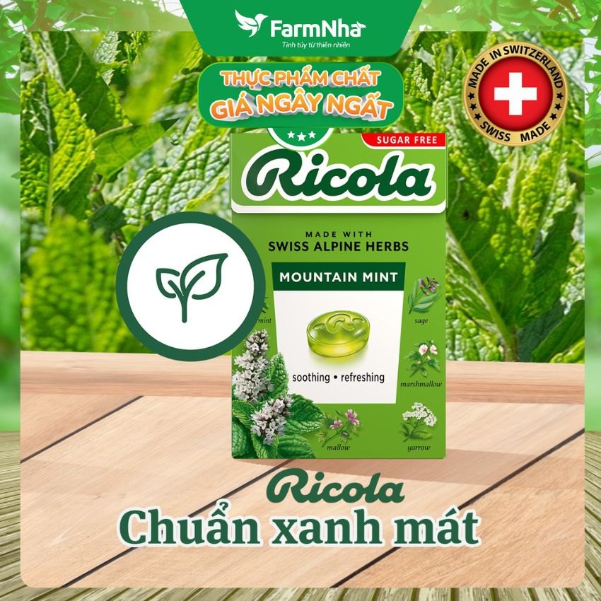 (Combo 3) Kẹo Ricola Mountain Mint Sugar Free 40g Hộp Giấy Không Đường – Bạc Hà Núi Giảm Ho Mát Họng