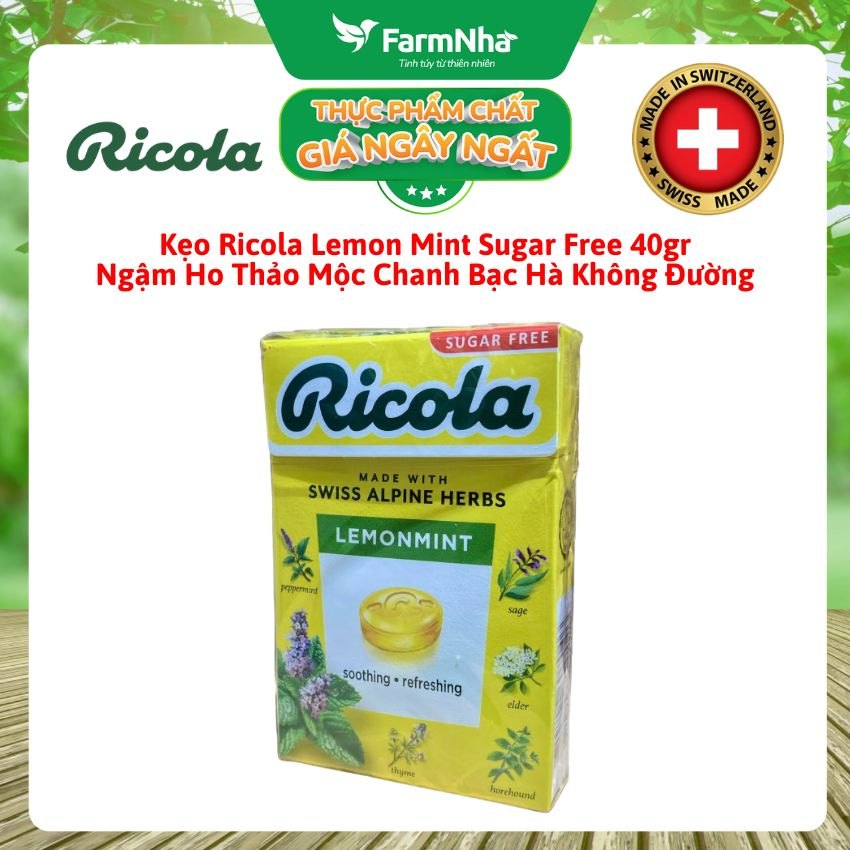 Kẹo Ricola Lemon Mint Sugar Free 40g Hộp Giấy Không Đường – Vị Chanh Bạc Hà, Mát Họng, Giảm Ho Từ Thụy Sĩ