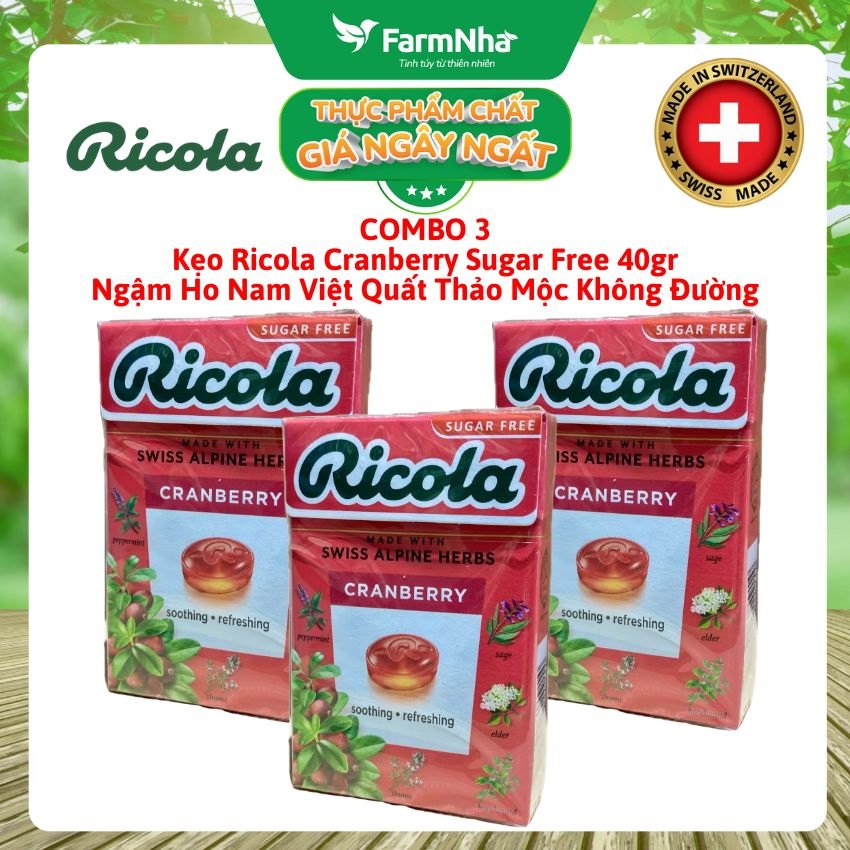 (Combo 3) Kẹo Ricola Cranberry Sugar Free 40g Hộp Giấy Không Đường – Quả Nam Việt Quất, Giảm Ho, Mát Họng, Thơm Miệng