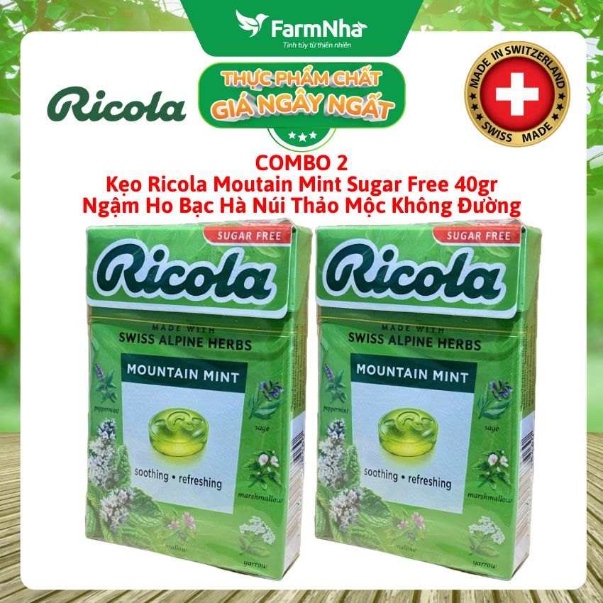 (Combo 2) Kẹo Ricola Mountain Mint Sugar Free 40g Hộp Giấy Không Đường – Bạc Hà Núi Giảm Ho Mát Họng 