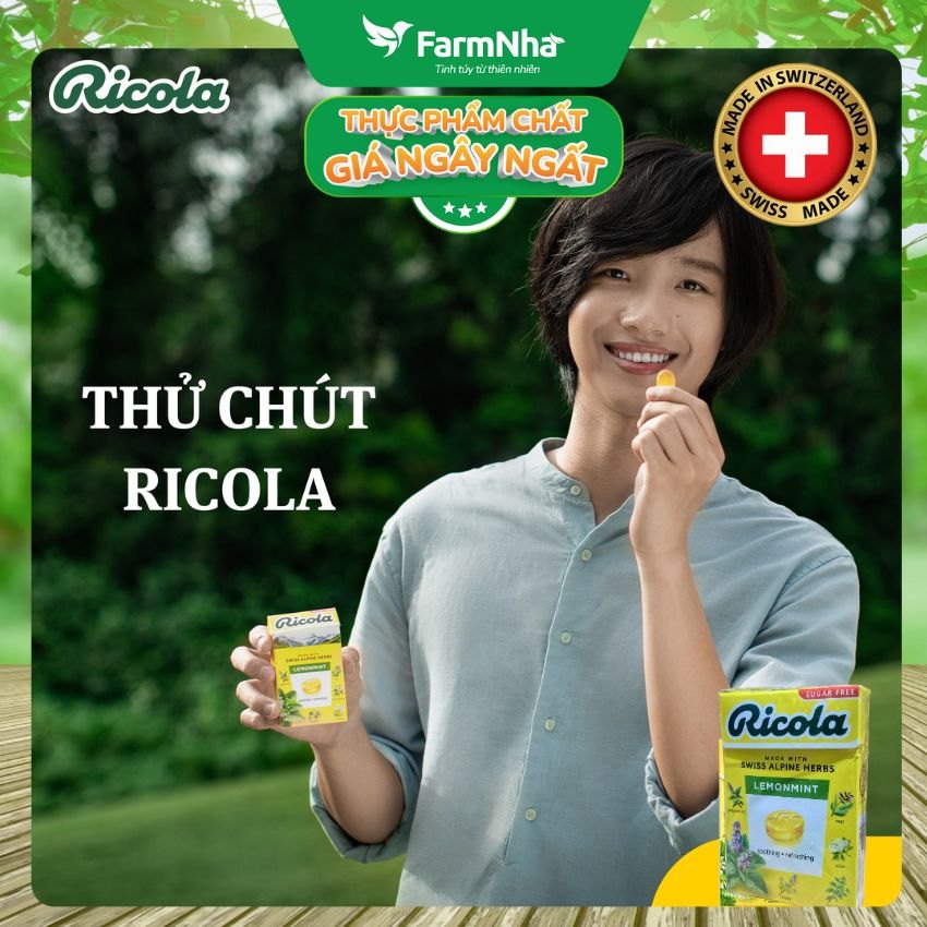 (Combo 2) Kẹo Ricola Lemon Mint Sugar Free 40g Hộp Giấy Không Đường – Vị Chanh Bạc Hà, Mát Họng, Giảm Ho Từ Thụy Sĩ