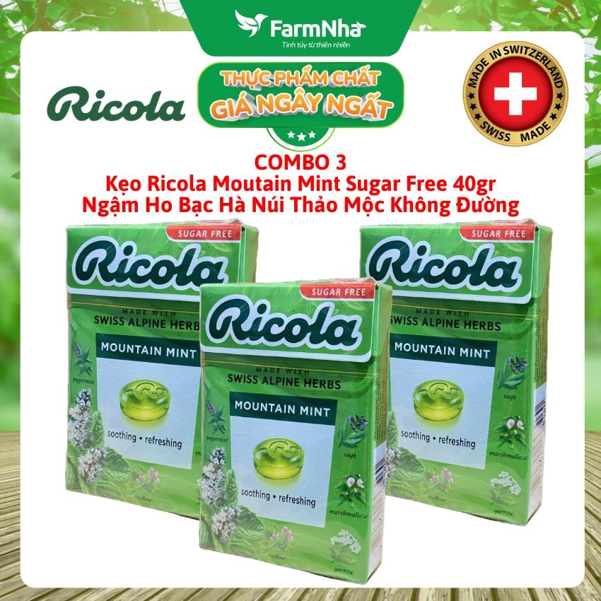 (Combo 3) Kẹo Ricola Mountain Mint Sugar Free 40g Hộp Giấy Không Đường – Bạc Hà Núi Giảm Ho Mát Họng 