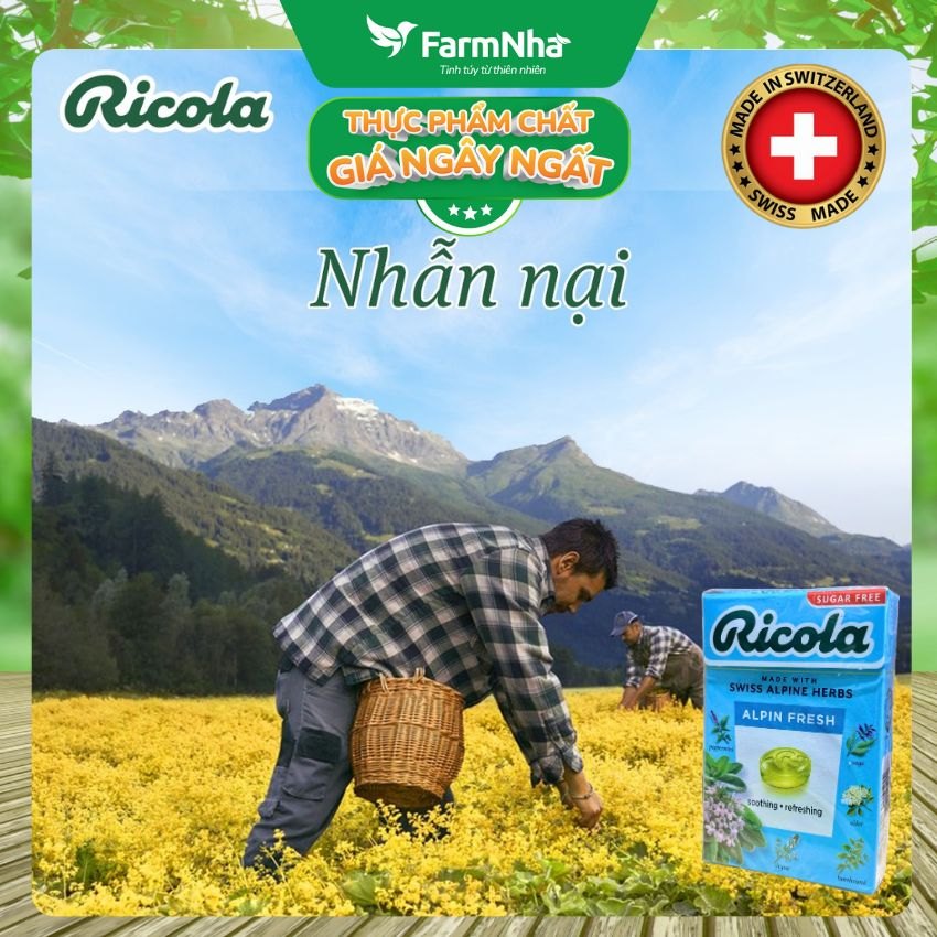 Kẹo Ricola Alpin Fresh Sugar Free 40g Hộp Giấy Không Đường – Mát Lạnh Họng, Thông Cổ Tức Thì