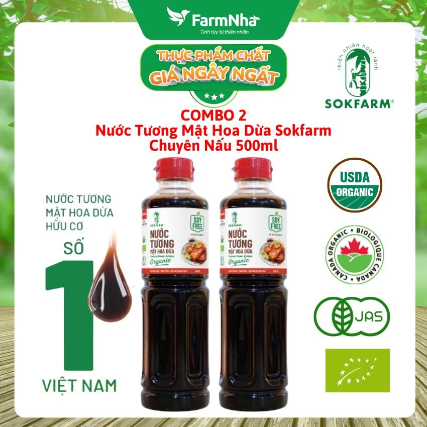 (Combo 2) Nước tương mật hoa dừa Sokfarm 500ml Dòng Chuyên Nấu - Vị Unami hữu cơ tự nhiên tốt cho sức khỏe