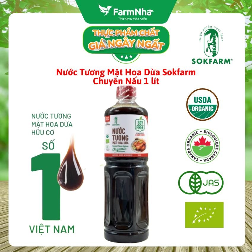 Nước tương mật hoa dừa Sokfarm 1 lít dòng chuyên nấu - Vị Unami hữu cơ tự nhiên, vị mặn tốt cho sức khỏe