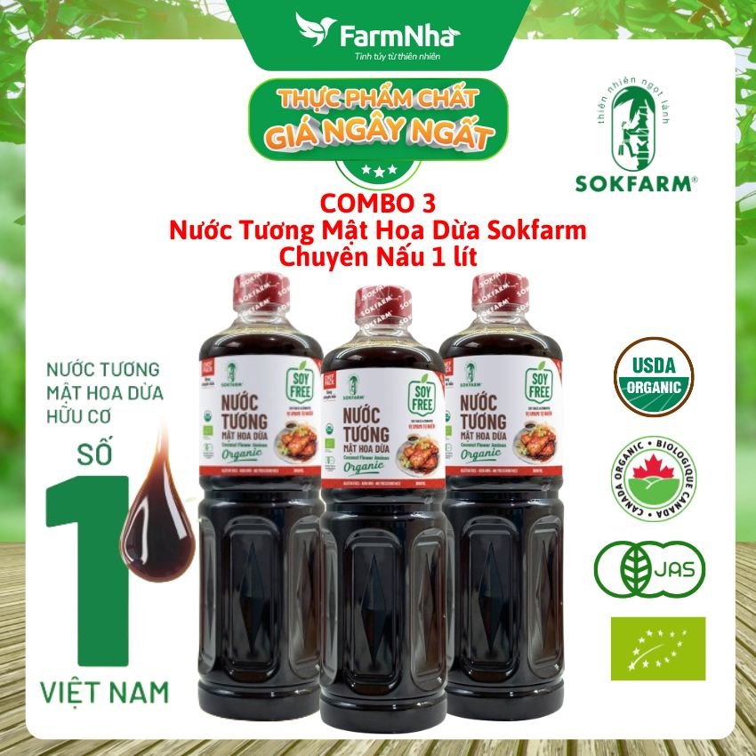 (Combo 3) Nước tương mật hoa dừa Sokfarm 1 lít dòng chuyên nấu - Vị Unami hữu cơ tự nhiên, vị mặn tốt cho sức khỏe