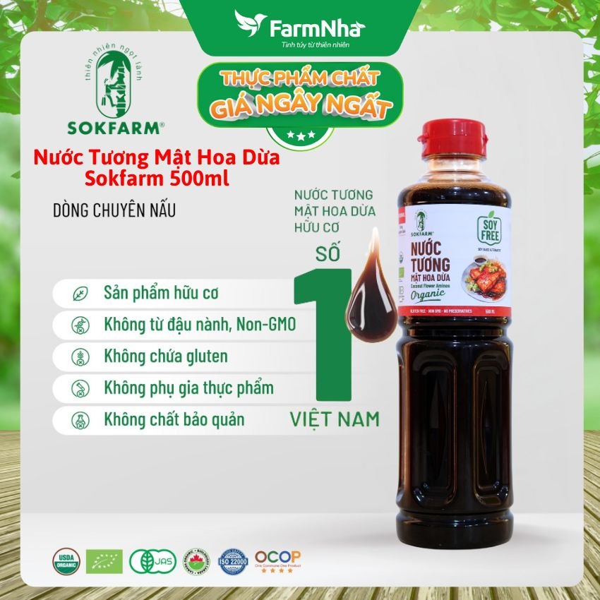 Nước tương mật hoa dừa Sokfarm 500ml Dòng Chuyên Nấu - Vị Unami hữu cơ tự nhiên tốt cho sức khỏe