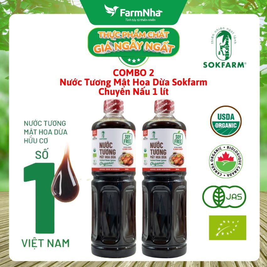 (Combo 2) Nước tương mật hoa dừa Sokfarm 1 lít dòng chuyên nấu - Vị Unami hữu cơ tự nhiên, vị mặn tốt cho sức khỏe