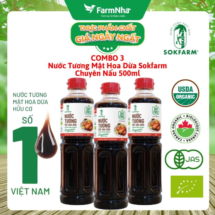 (Combo 3) Nước tương mật hoa dừa Sokfarm 500ml Dòng Chuyên Nấu - Vị Unami hữu cơ tự nhiên tốt cho sức khỏe