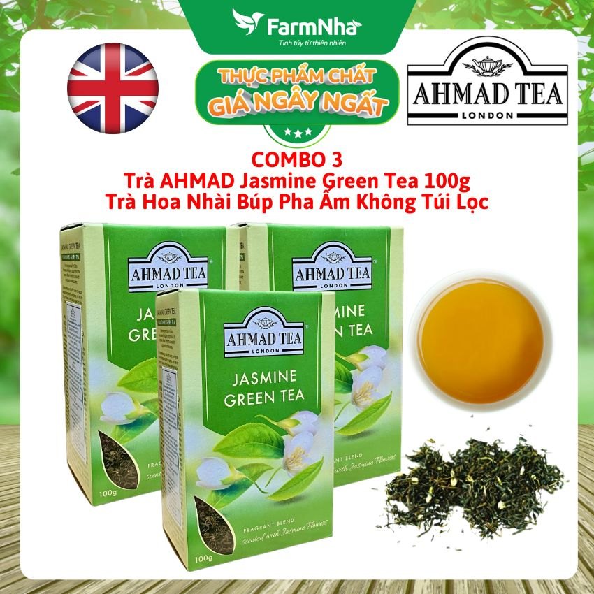 (Combo 3) Trà Ahmad Jasmine Tea 100g Hộp Giấy Pha Ấm - Trà Xanh Hoa Nhài Tinh Khiết và Thăng Hoa