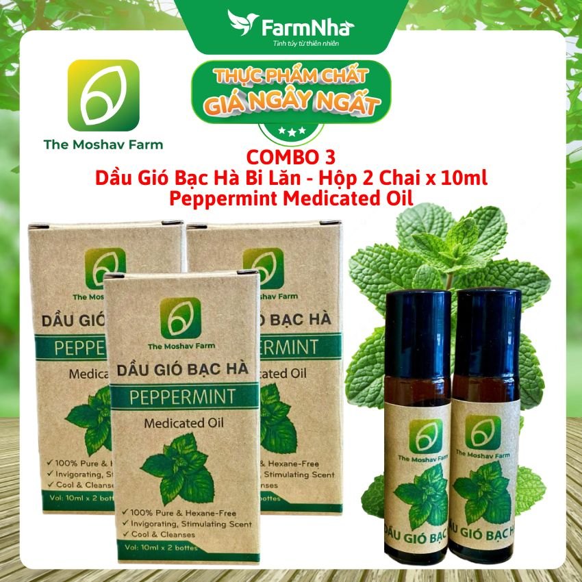(Combo 3) Dầu Gió Bạc Hà Bi Lăn Moshav Farm Hộp 2x10ml Peppermint Medicated Oil – Thư Giãn và Sảng Khoái