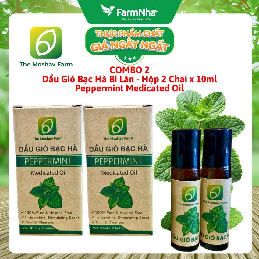 (Combo 2) Dầu Gió Bạc Hà Bi Lăn Moshav Farm Hộp 2x10ml Peppermint Medicated Oil – Thư Giãn và Sảng Khoái